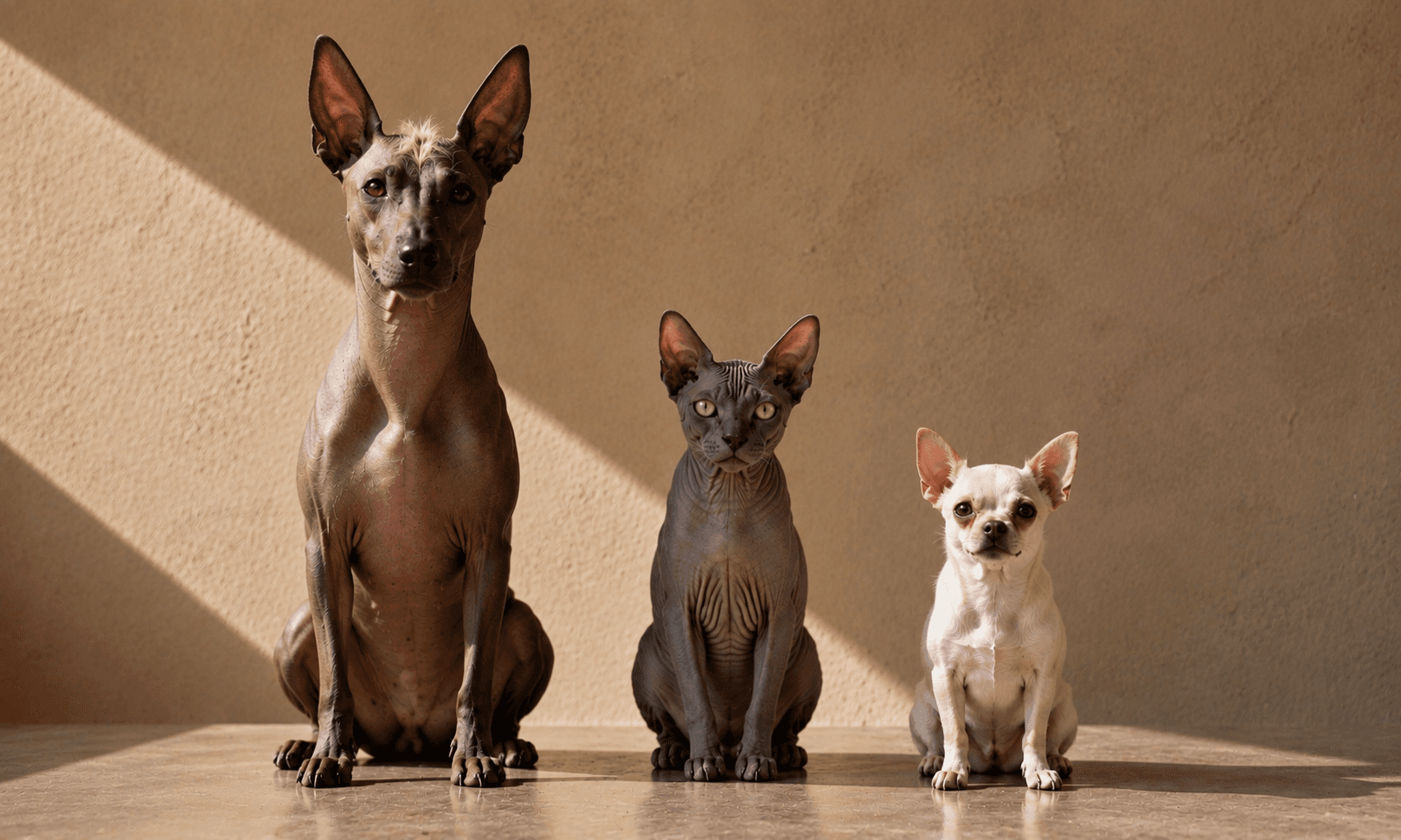Tres perros y un gato sin pelo —un xolo, una esfinge y un chihuahua— sentados en fila contra un muro de yeso, mirando a la cámara.