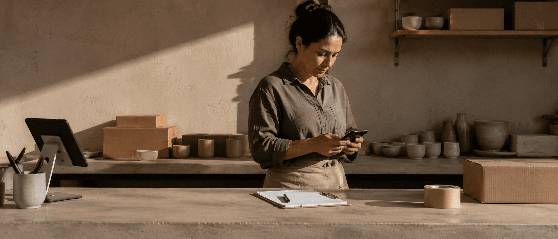 Una mujer atiende el WhatsApp de su taller de cerámica desde el mostrador, con los pedidos ya empacados detrás.